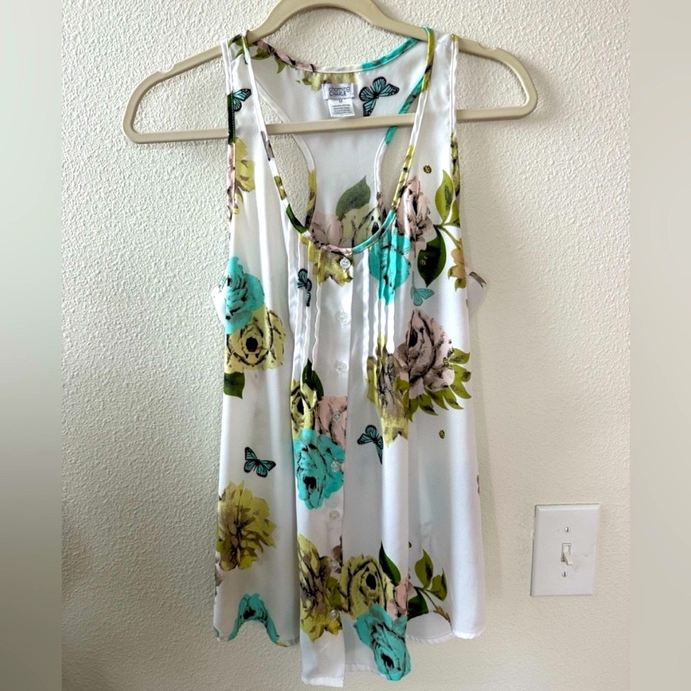 Charming Charlie Floral Tank Top - White and Green